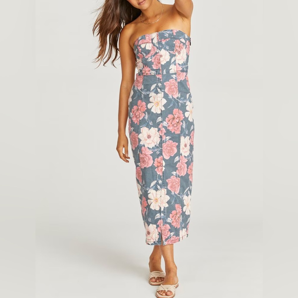 NWT Driftwood Sweetheart Masquerade Floral Denim Bustier Dress Sizes S - Picture 2 of 9